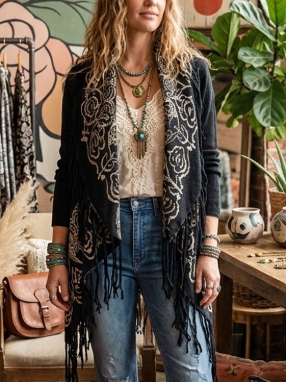 Flying Tomato Fringe Open Front Waterfall Cardigan Blue Black Hippie Boho Small